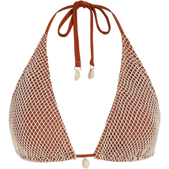 🆕Women Brown Triangle Bikini Top Fishnet Tie Back String Swimsuit Bathing Suit